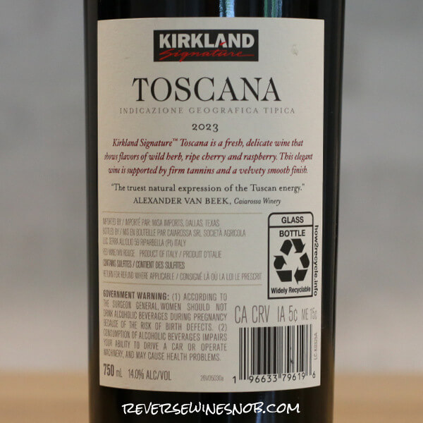 2023 Kirkland Signature Toscana Back Label