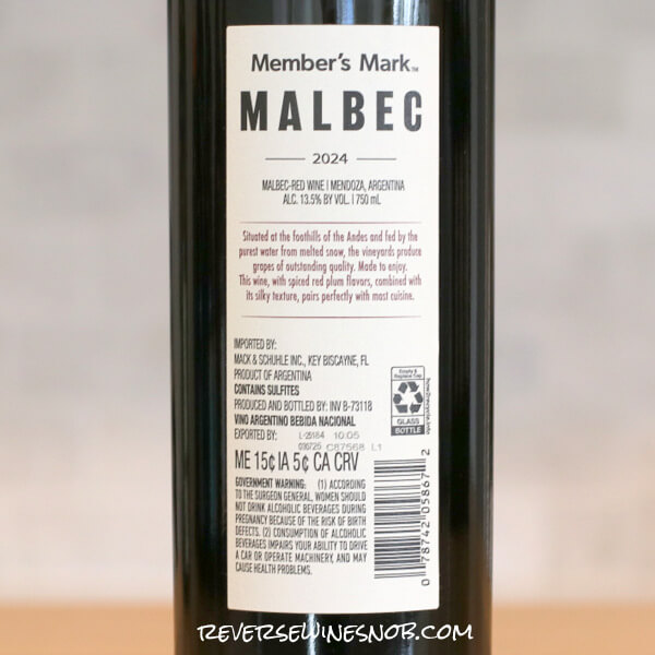 Member's Mark Mendoza Malbec Back Label