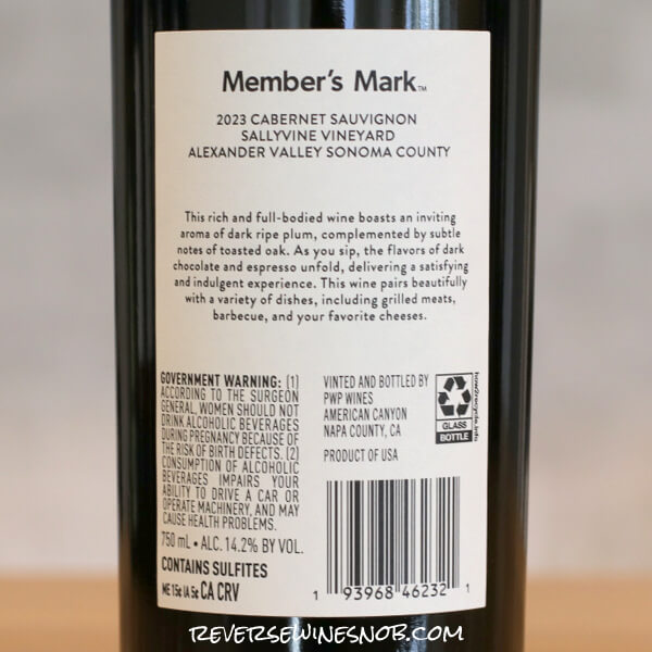 Member's Mark Sallyvine Vineyard Cabernet Sauvignon Back Label