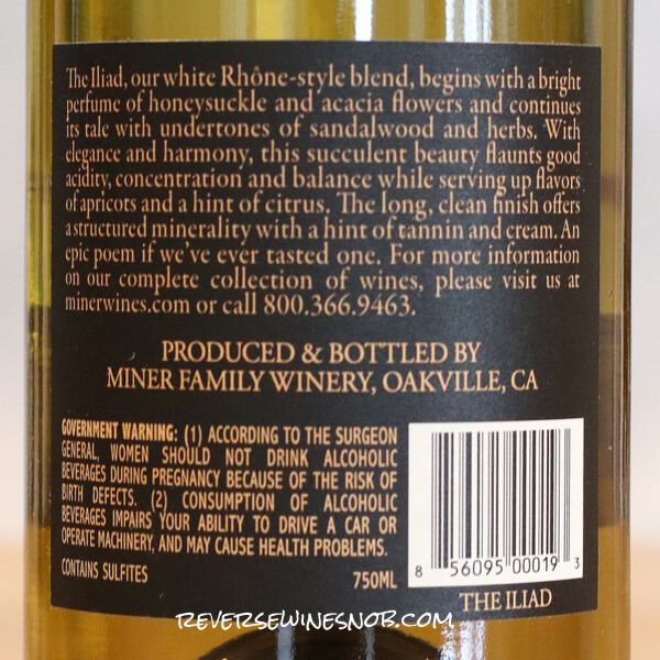 2021 and 2022 Miner The Iliad White Wine Back Label