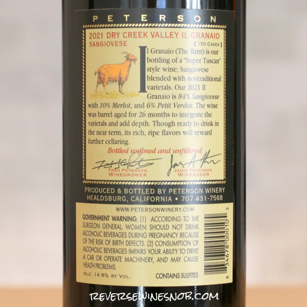 2021 Peterson Il Granaio Sangiovese Back Label