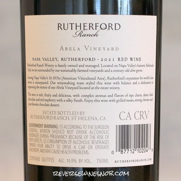 2021 Rutherford Ranch Abela Vineyard Red Back Label