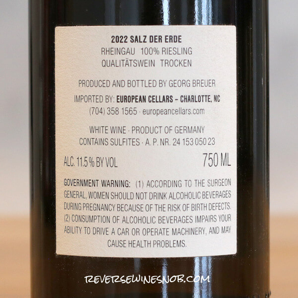 2022 Salz der Erde Rheingau Riesling Back Label