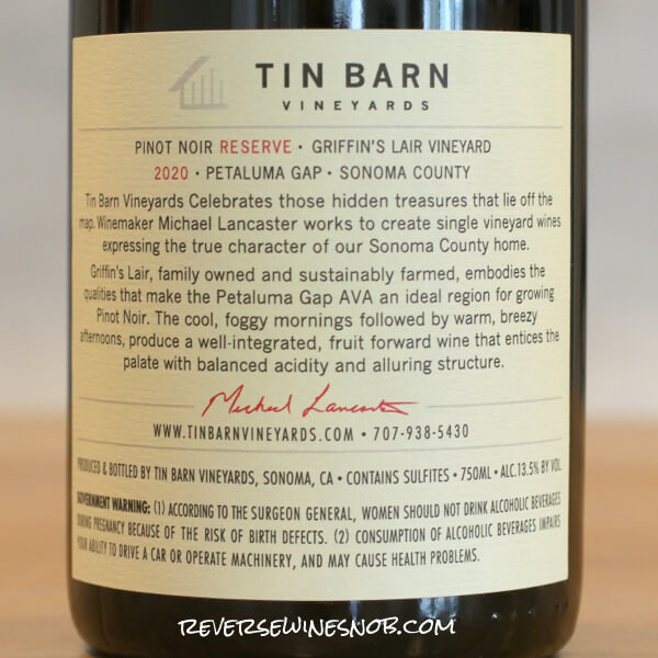2020 Tin Barn Griffin's Lair Reserve Pinot Noir Back Label