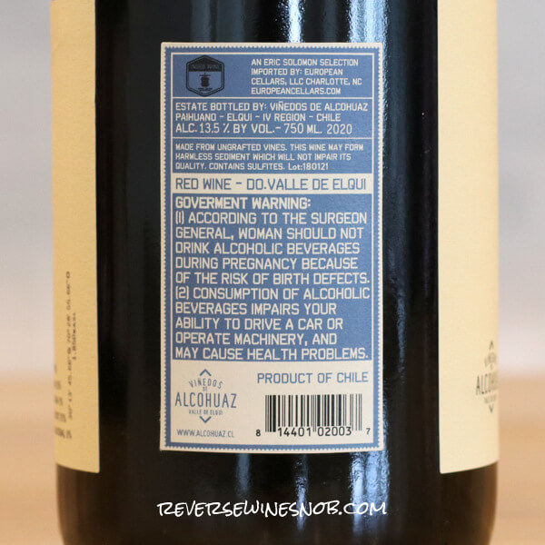 2020 Vinedos de Alcohuaz Grus Back Label