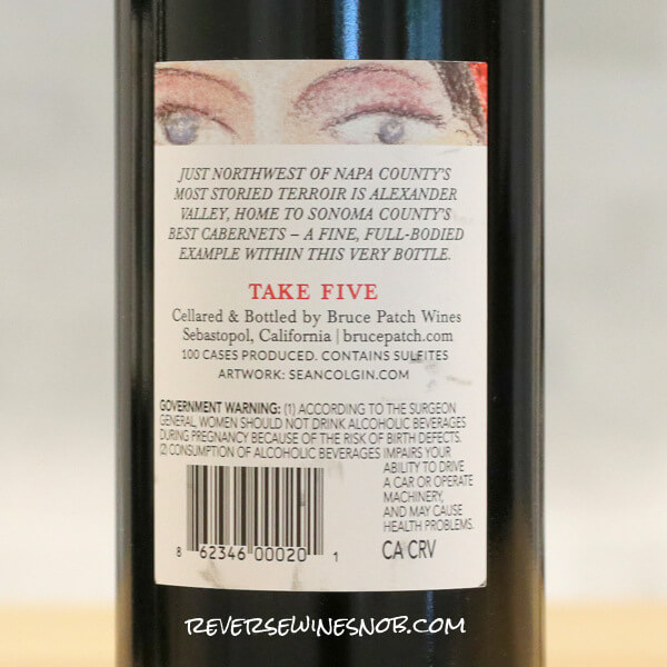 2023 Bruce Patch Take Five Alexander Valley Cabernet Sauvignon Back Label