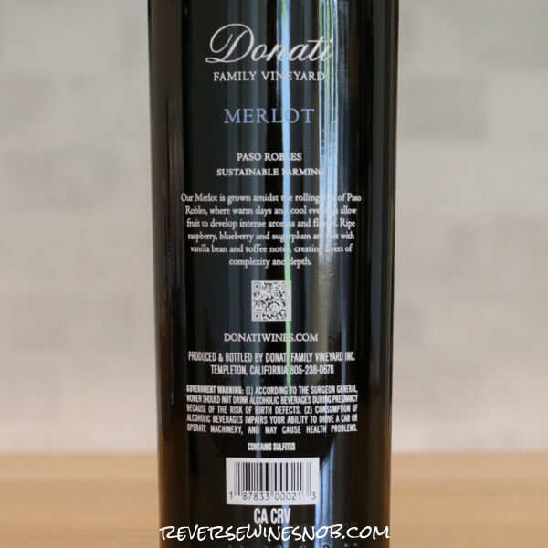 2023 Donati Family Vineyard Paso Robles Merlot Back Label