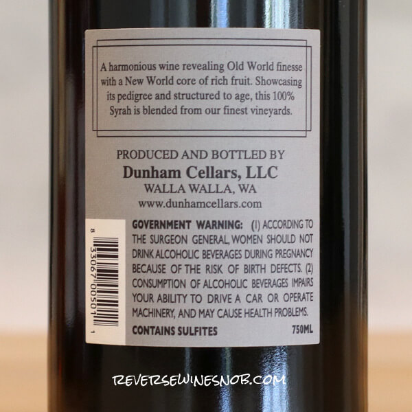 2021 Dunham Cellars Columbia Valley Syrah Back Label