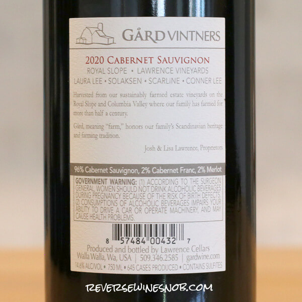 2020 Gard Lawrence Estate Cabernet Sauvignon Back Label