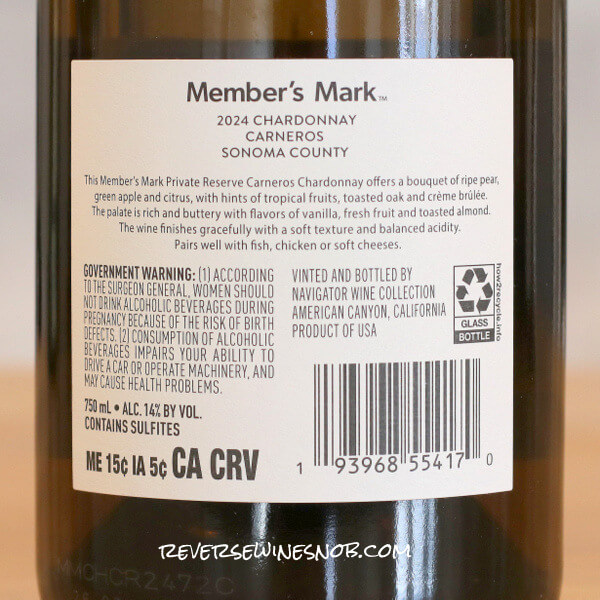 2024 Member's Mark Private Reserve Carneros Chardonnay Back Label