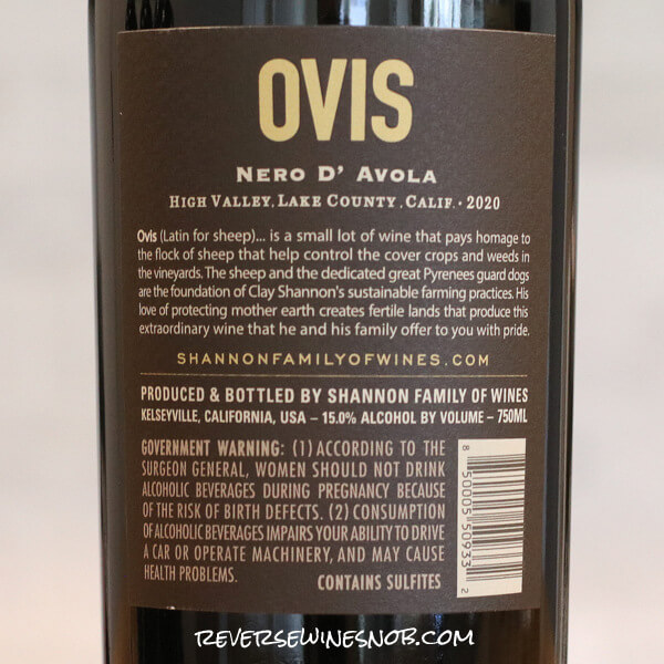 2020 Ovis Nero d'Avola Back Label