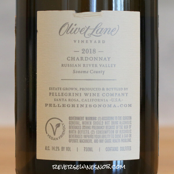 2018 Pellegrini Olivet Lane Vineyard Chardonnay Back Label