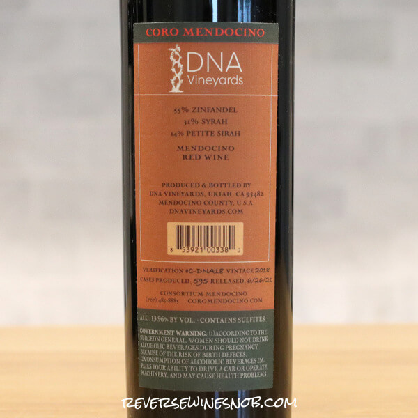 2018 DNA Vineyards Coro Mendocino Back Label