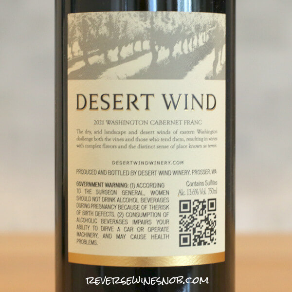 2021 Desert Wind Cabernet Franc Back Label