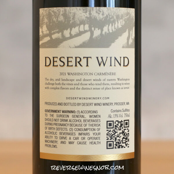 2021 Desert Wind Carmenere Back Label
