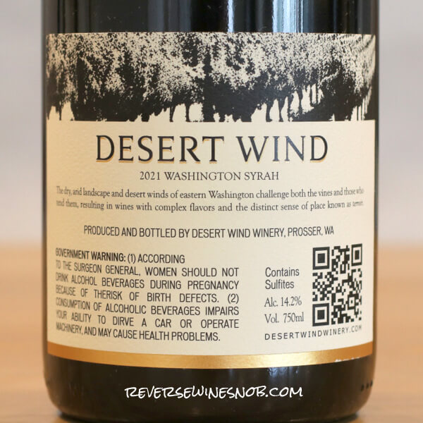 2021 Desert Wind Syrah Back Label