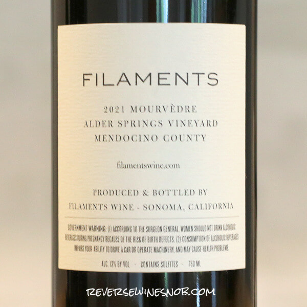 2021 Filaments Alder Springs Vineyard Mourvèdre Back Label