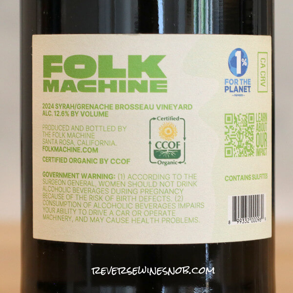 2024 Folk Machine Brosseau Vineyard Syrah-Grenache Back Label
