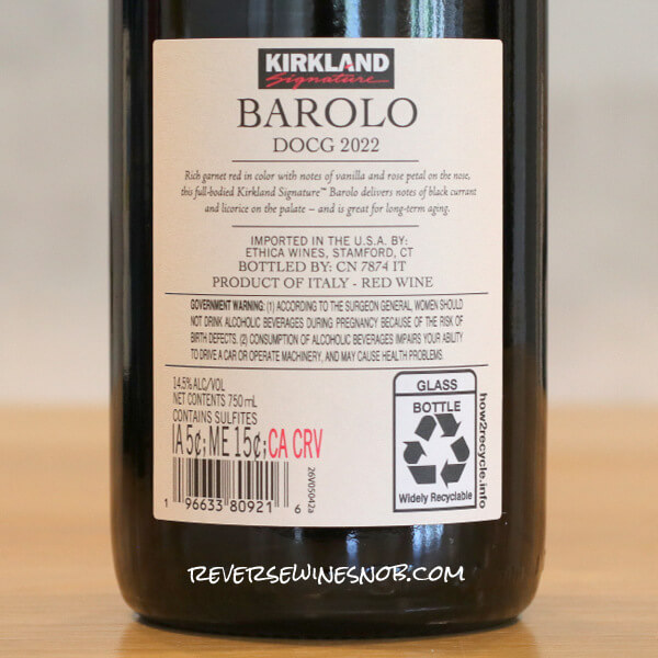 2022 Kirkland Signature Barolo Back Label