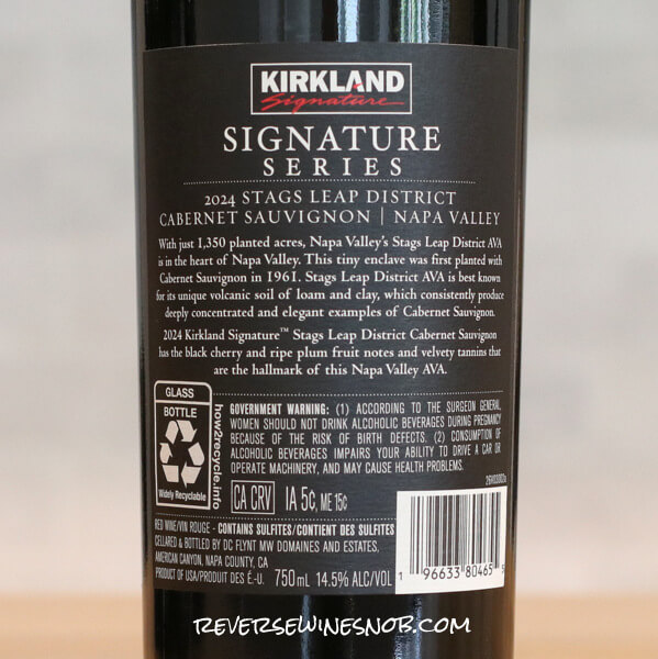 2024 Kirkland Signature Stags Leap District Cabernet Sauvignon Back Label