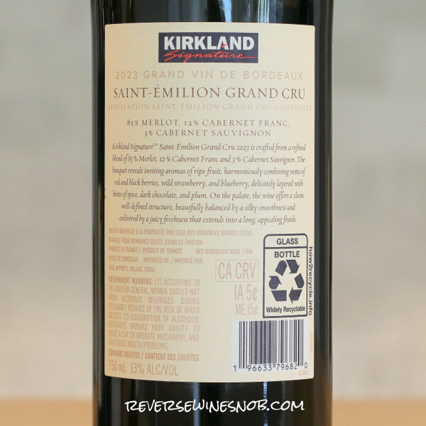 2023 Kirkland Signature St-Emilion Grand Cru Bordeaux Back Label
