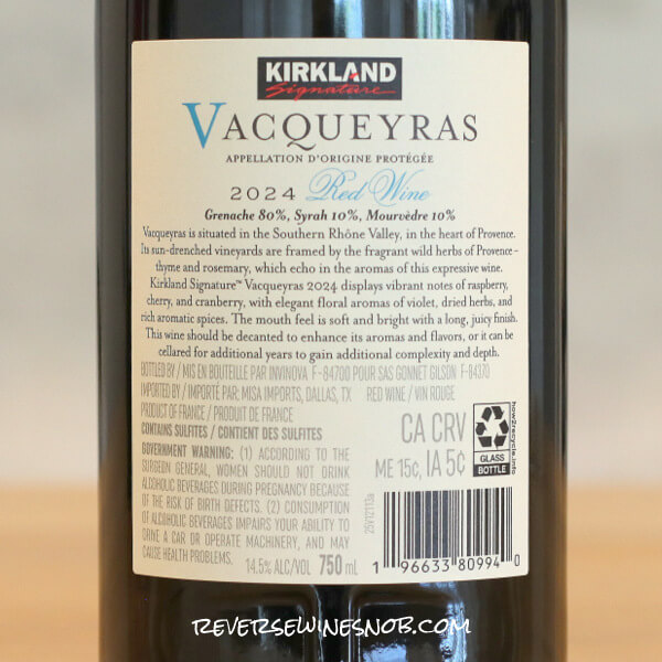 Kirkland Signature Vacqueyras Back Label