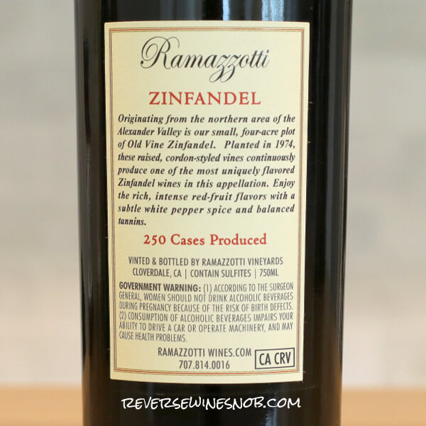 2022 Ramazzotti Zinfandel Back Label