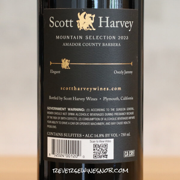 2023 Scott Harvey Mountain Selection Barbera Back Label