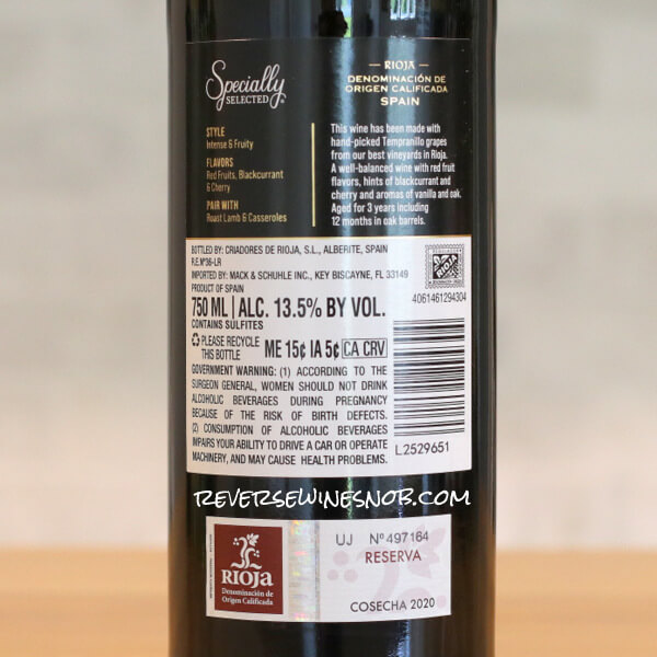 2020 Specially Selected Rioja Reserva Back Label