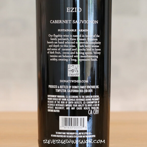 2022 Donati Ezio Paso Robles Cabernet Sauvignon Back Label