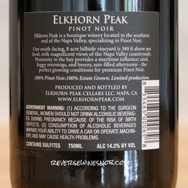 2020 Elkhorn Peak Napa Valley Pinot Noir Back Label