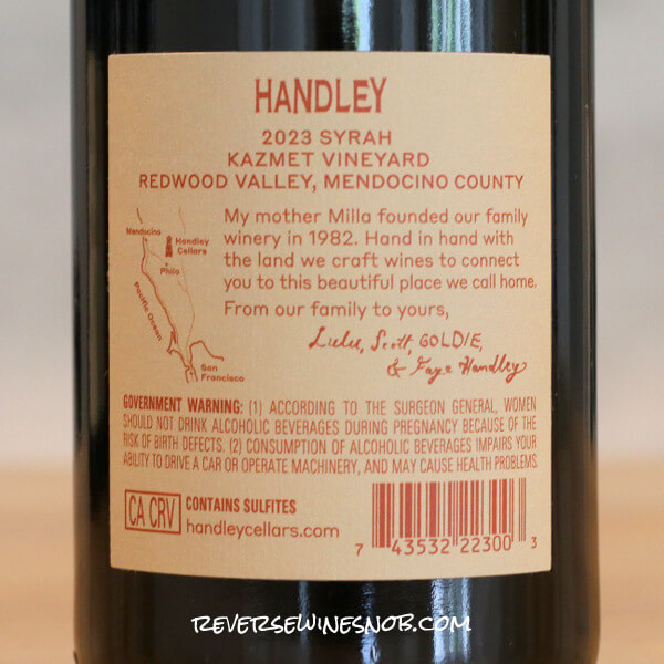 2023 Handley Kazmet Vineyard Syrah Back Label