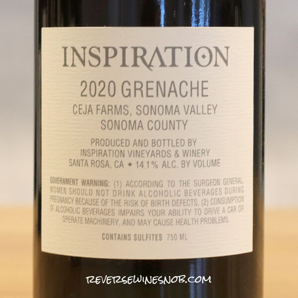 2020 Inspiration Ceja Vineyard Grenache Back Label