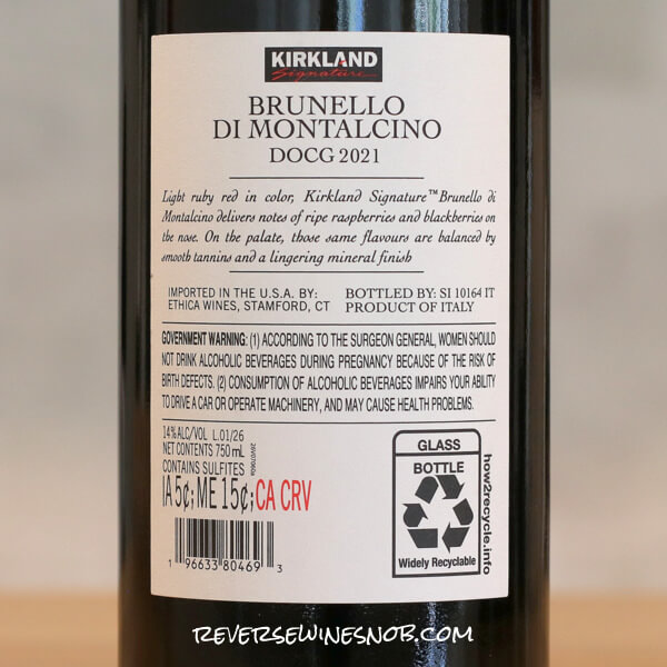 2021 Kirkland Signature Brunello di Montalcino DOCG Back Label