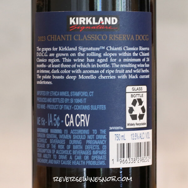 2023 Kirkland Signature Chianti Classico Riserva Back Label