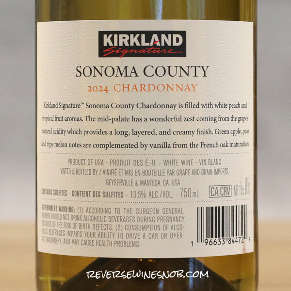 2024 Kirkland Signature Sonoma County Chardonnay Back Label