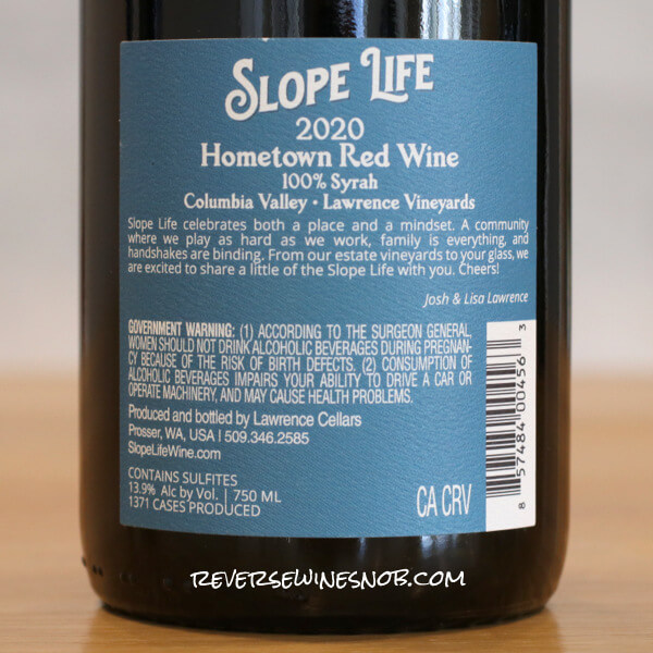 2020 Slope Life Hometown Red Syrah Back Label