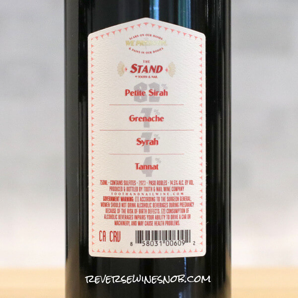 2023 Tooth & Nail The Stand Petite Sirah Back Label