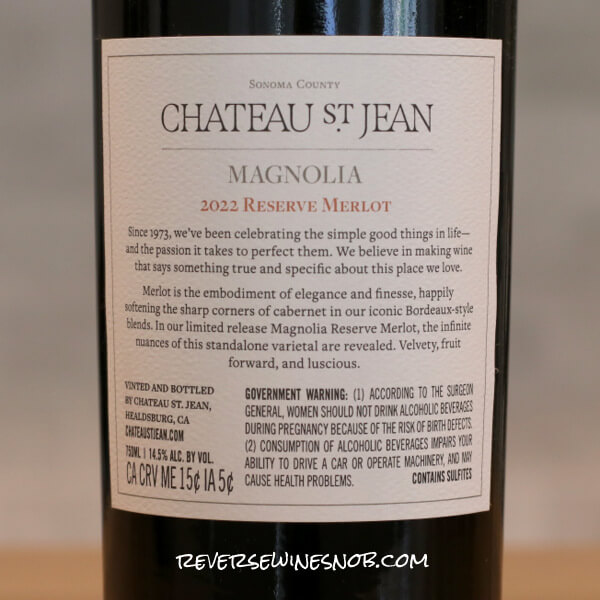 2022 Chateau St. Jean Magnolia Reserve Merlot Back Label