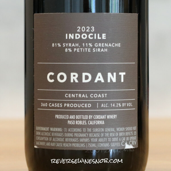 2023 Cordant Indocile Syrah Back Label