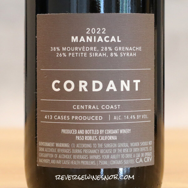 2022 Cordant Maniacal GSM Back Label