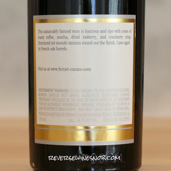 2021 Ferrari-Carano Alexander Valley Sangiovese Back Label
