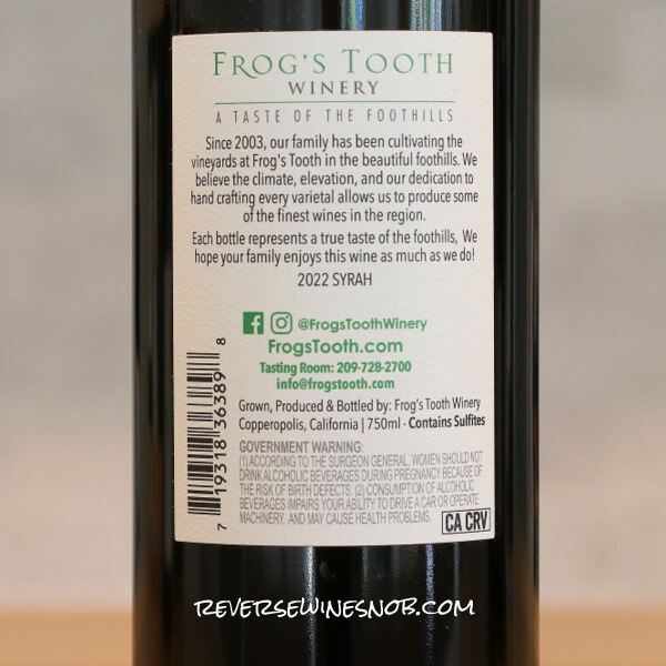2022 Frog's Tooth Sierra Foothills Syrah Back Label