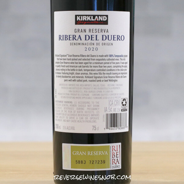 2020 Kirkland Signature Gran Reserva Ribera Del Duero Back Label