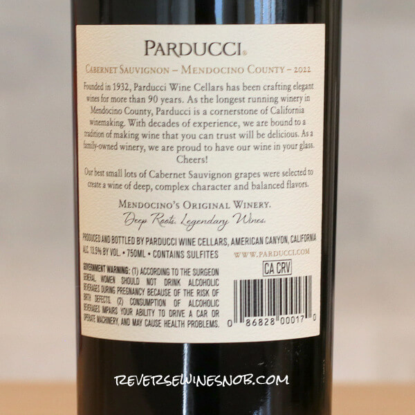 2022 Parducci Small Lot Cabernet Sauvignon Back Label