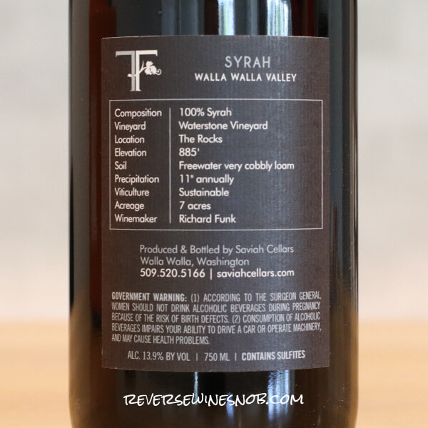 2021 Saviah Waterstone Vineyard Walla Walla Syrah Back Label
