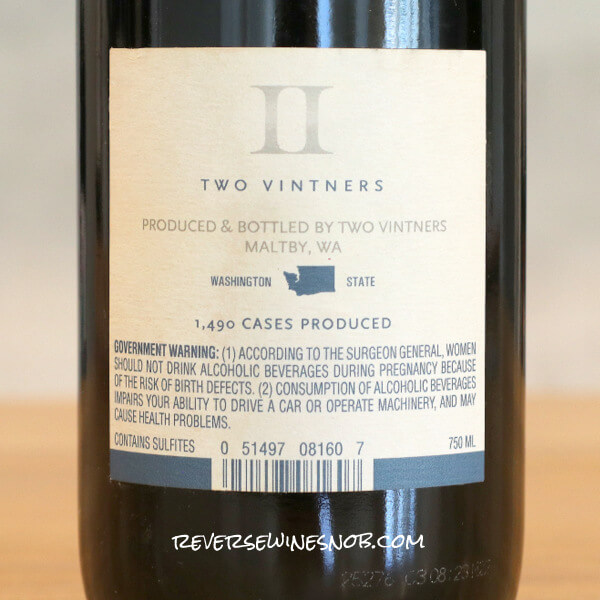 2023 Two Vintners Columbia Valley Syrah Back Label